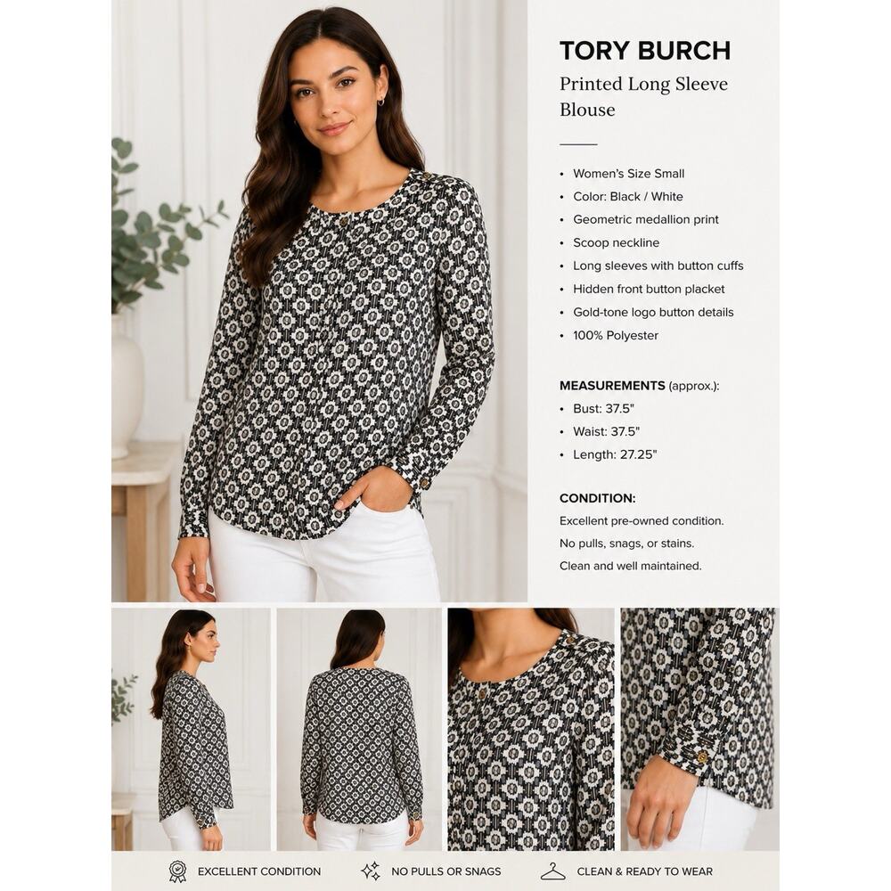 Tory Burch Printed Long Sleeve Blouse Women’s Size S Black White Geometric Print